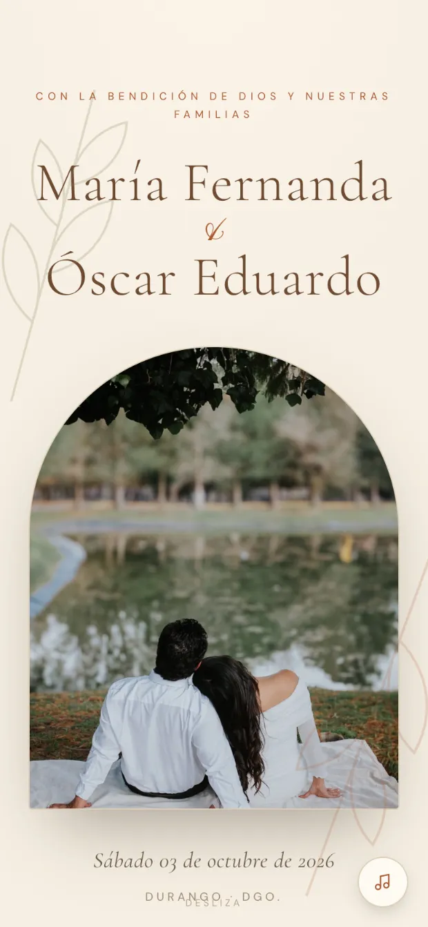 Invitación digital de María Fernanda y Óscar Eduardo, concepto Arco de papel · Hueso