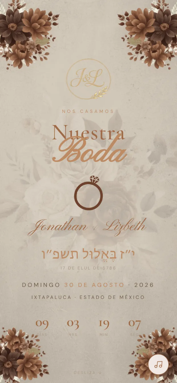 Invitación digital de Jonathan y Lizbeth, concepto Flores de papel · Bilingüe