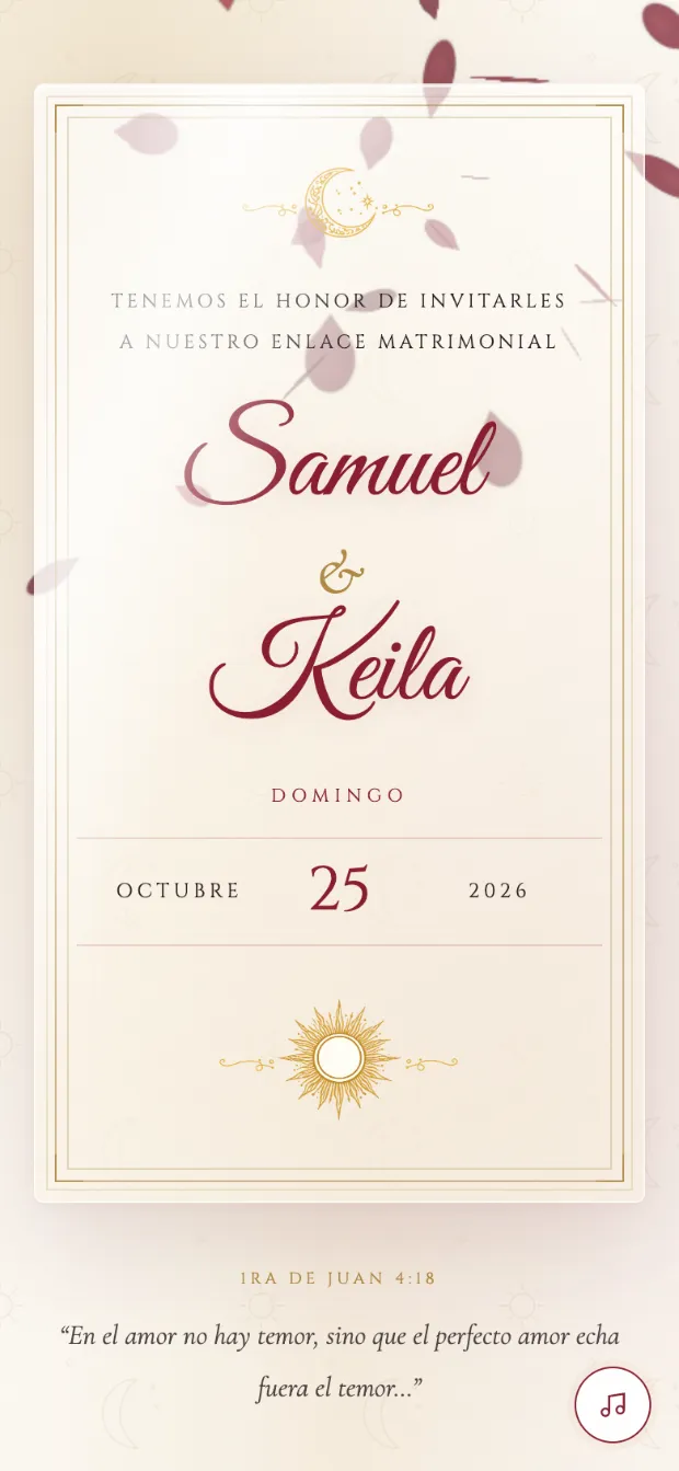Invitación digital de Keila y Samuel, concepto Marfil · Rojo cardenal