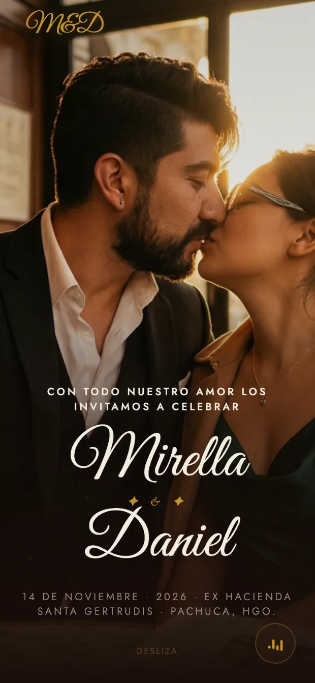 Invitación digital de Mirella y Daniel, concepto Hacienda · Chocolate y oro