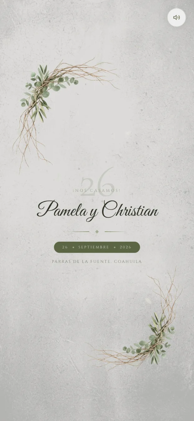 Invitación digital de Pamela y Christian, concepto Botánico sobre papel