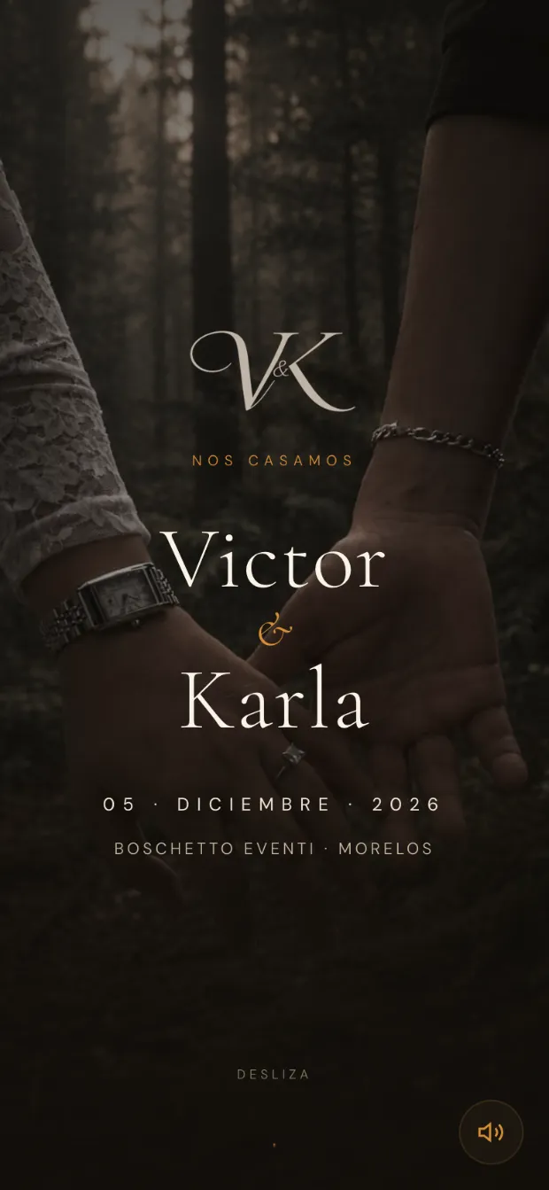 Invitación digital de Víctor y Karla, concepto Bosque en penumbra