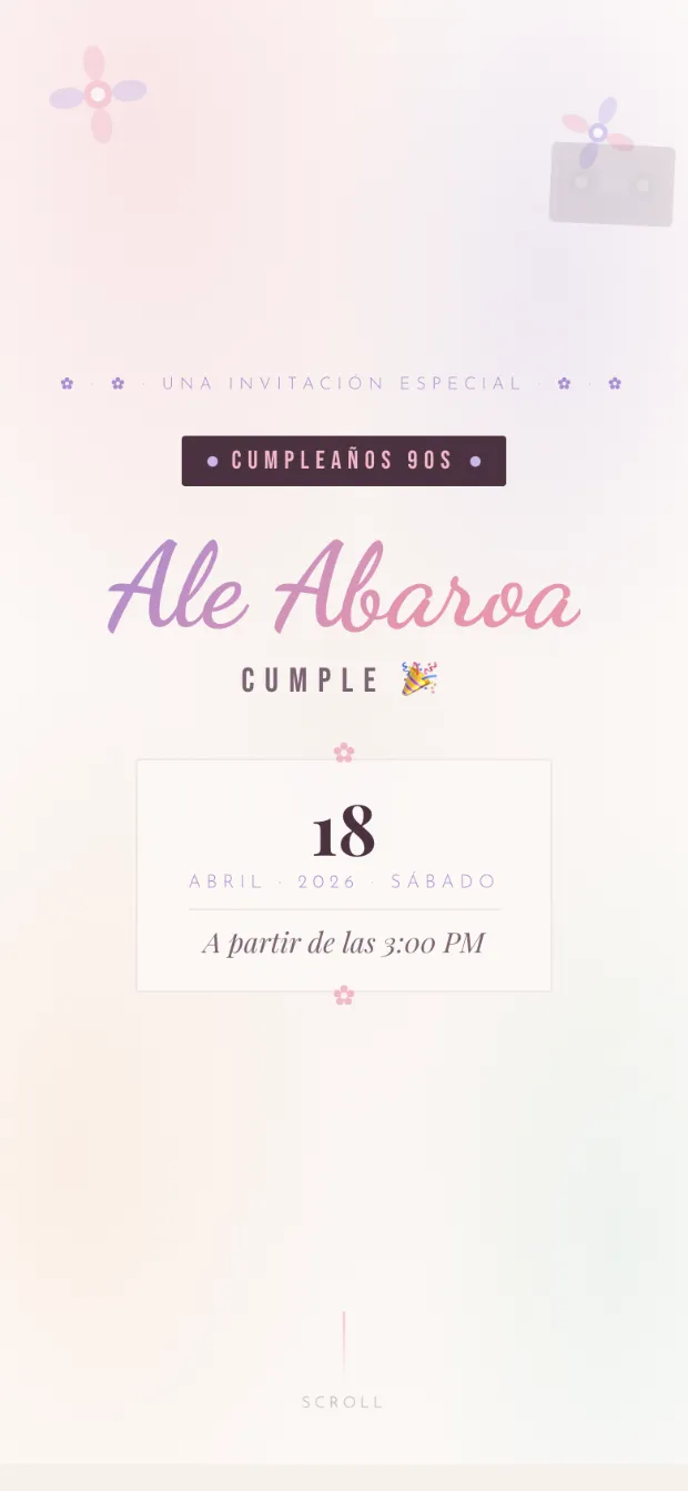 Invitación digital de Ale Abaroa, concepto Cumpleaños noventero