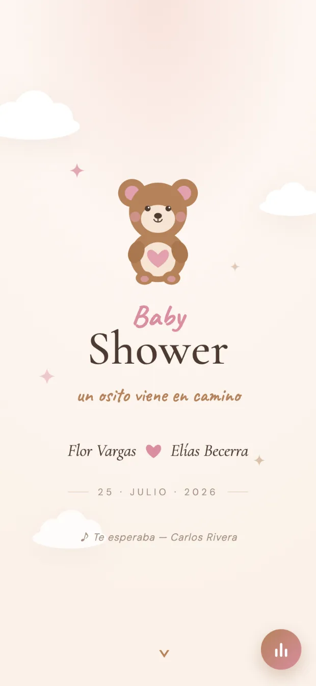 Invitación digital de Flor Vargas y Elías Becerra, concepto Nubes · Rosa sobre crema