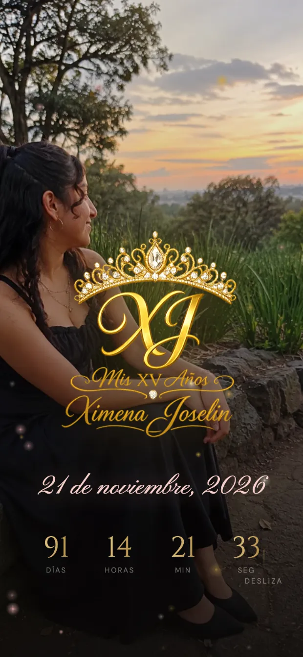 Invitación digital de Ximena Joselín, concepto Atardecer · Corona de oro
